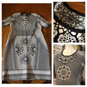ADRIANNA PAPELL ART DECO Black & White Knit Dress